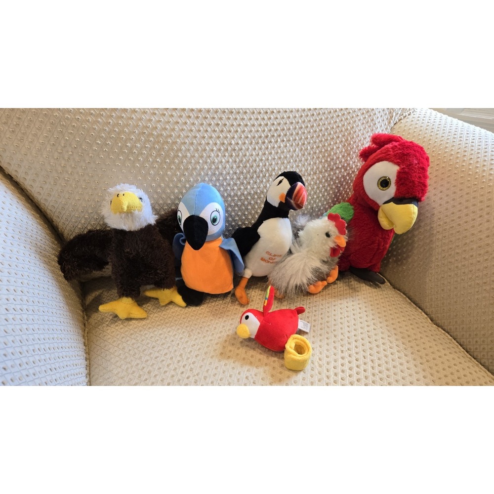 6pc Bird Plush Lot Parrot Macaw Eagle Puffin Chicken Tropical Bird Stuffed